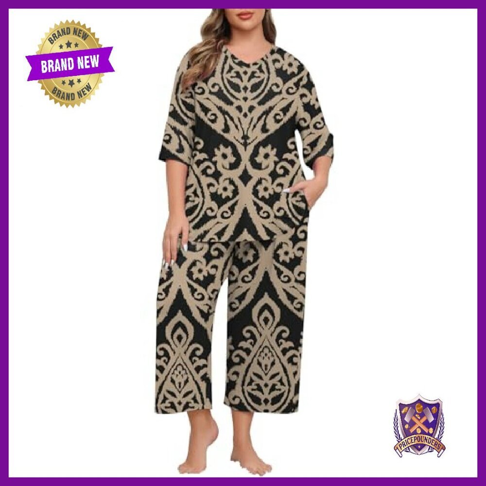 Plus Size Pajama Set V-Neck Capri Pants Soft Knit Sleepwear Loungewear - Picture 4 of 7